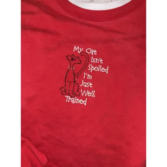 VTG 90s Red Embroidered Spoiled Cat Sweatshirt Women's XL Double Collar Grandma - Picture 2 of 4